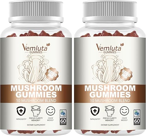 2 paquetes de gomitas de hongos de 5000 mg, 10 mezclas de suplemento orgánico de hongos que contiene melena de león y reishi para estimular el