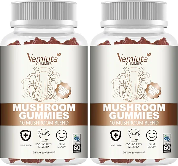 Vemluta 2 Packs 5000MG Mushroom Gummies -10 Blend Organic Mushroom Supplement containing Lion's Mane and Reishi for Brain and Immune Boosting, Blueberry Flavor, Non-GMO, 120 Counts