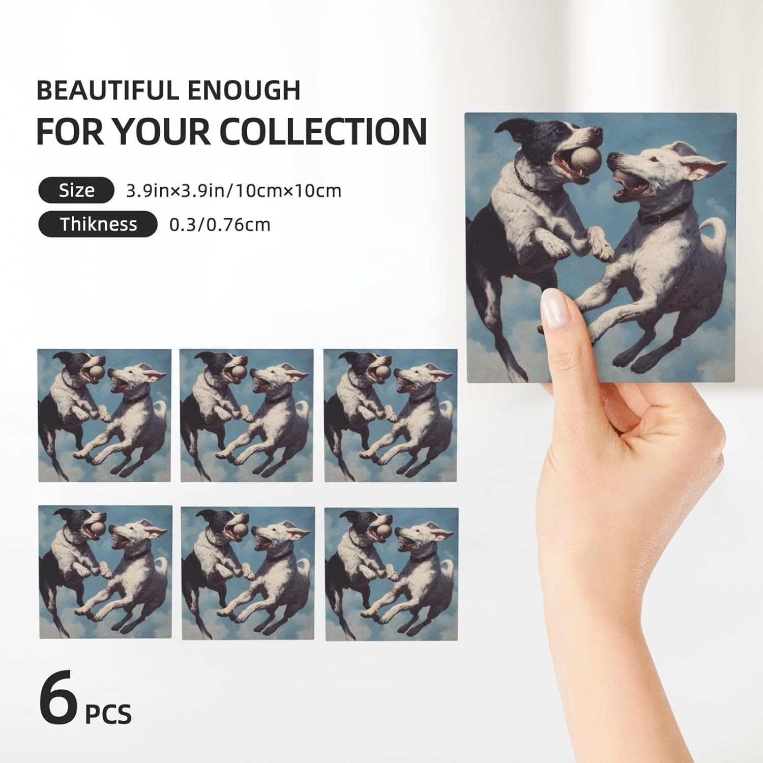 (Dogs Playing) Ceramic Coasters Set of 6 with Holder Non-Slip Square Coffee Coasters for for Cup Mug Drink Patio Coffee Table Decor, Christmas Coasters Home Bar Supplies