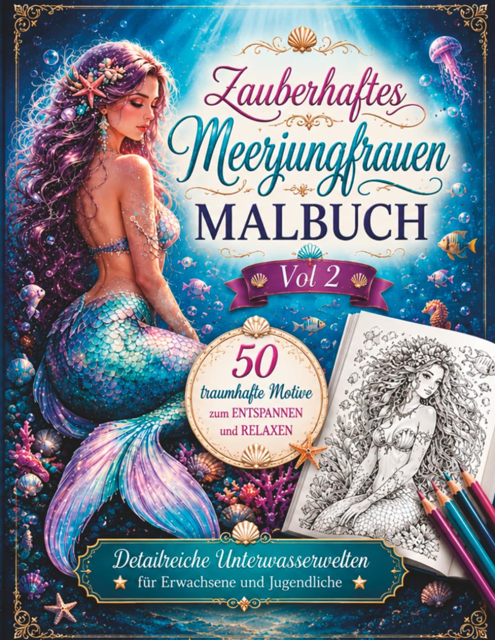 Zauberhaftes Meerjungfrauen MALBUCH: 50 traumhafte Motive zum Entspannen und Relaxen – Detailreiche Unterwasserwelten für Erwachsene und Jugendliche - Vol. 2