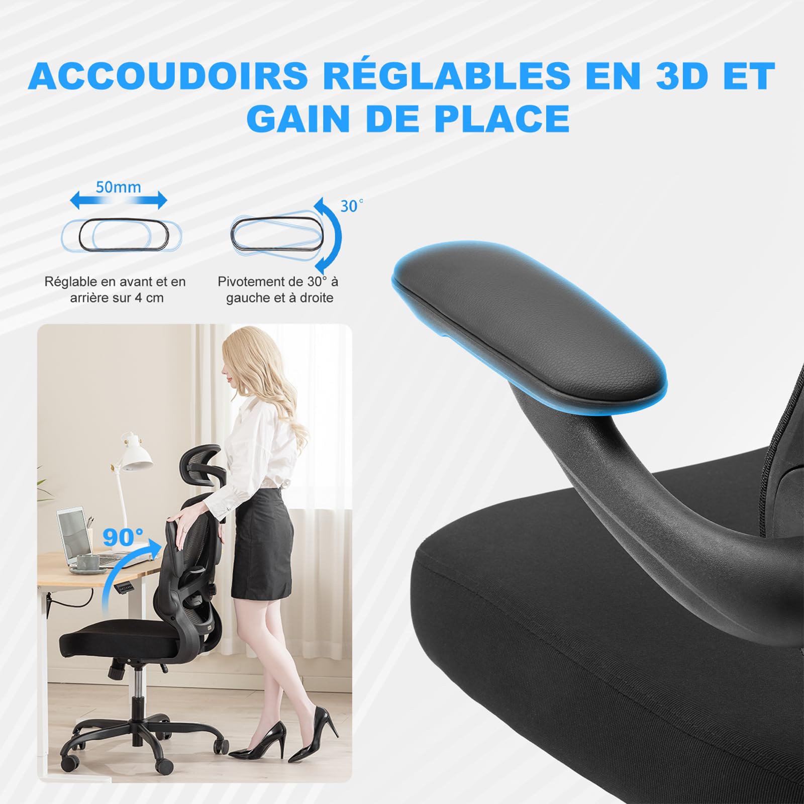 Magic Life Chaise de Bureau Ergonomique,Chaise avec Appui-tête 2D en Maille avec Dossier Haut,Support Lombaire Confortable,accoudoirs réglables (Negro)