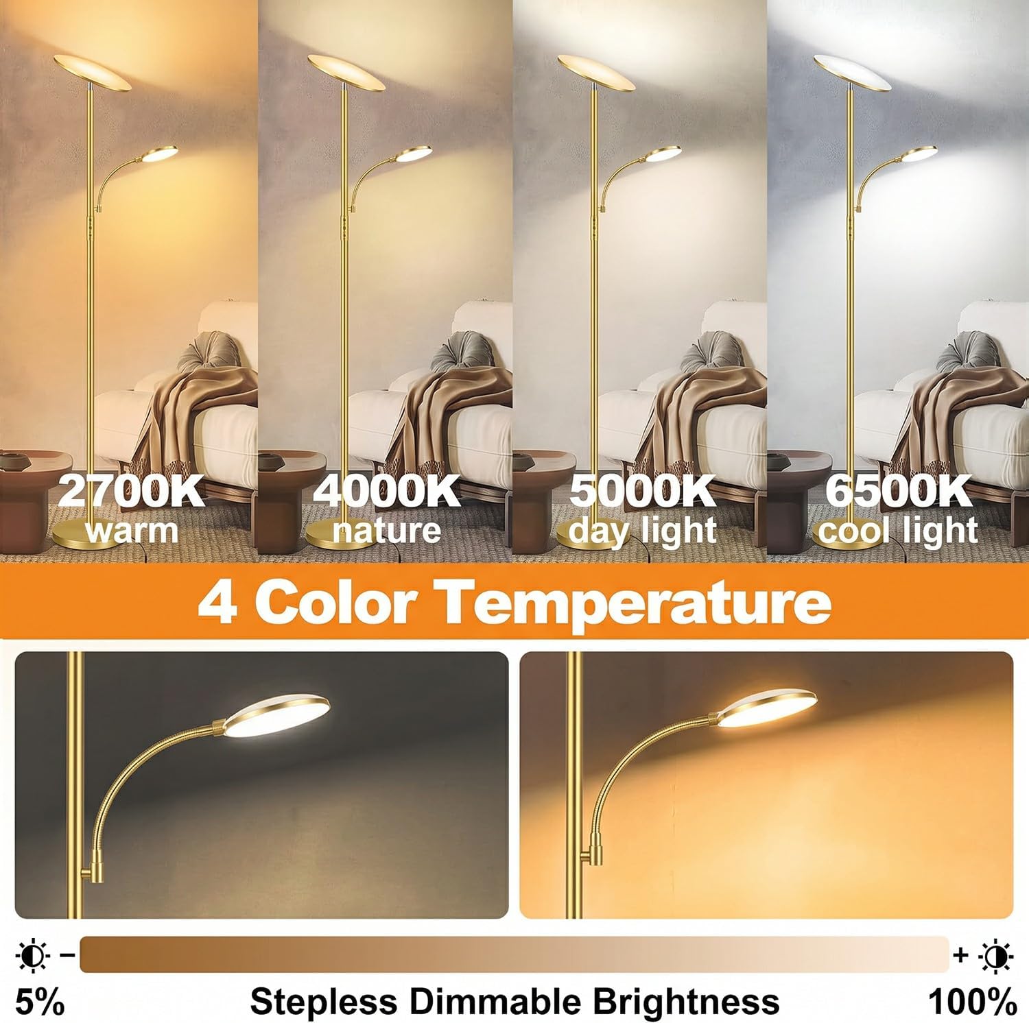 marctronic Polished Gold Floor Lamps for Living Room, 44W/4500LM Premium 2 in 1 LED, Stepless Dimming & Smart Plug Ready, 69" Standing Floor Lamp with Articulated Reading Light for Living Room Office image 5