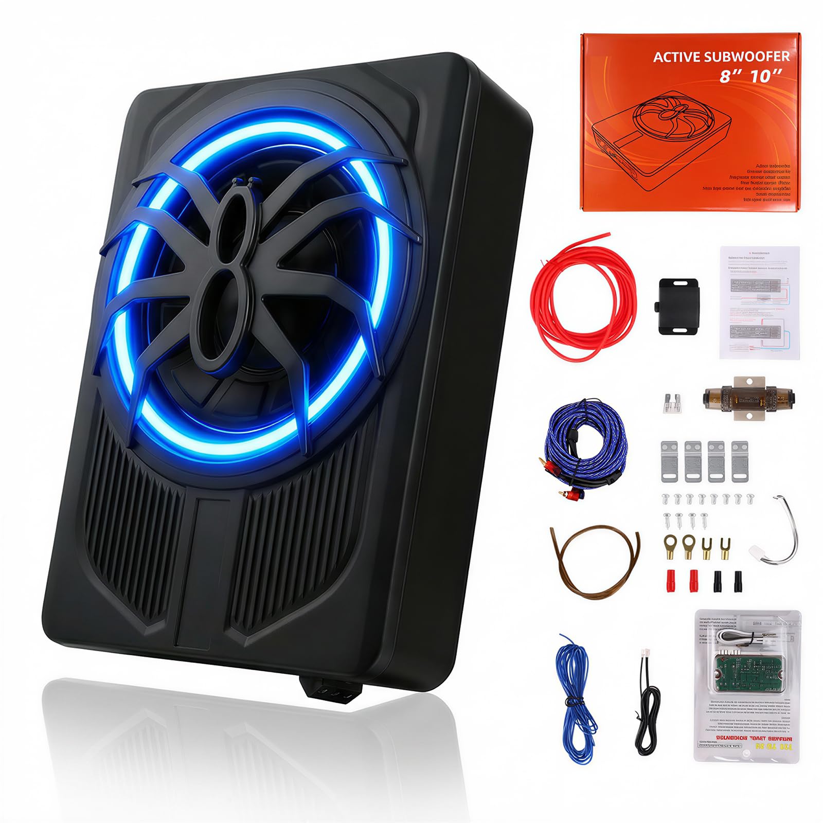 OiLiehu Untersitz Auto Subwoofer 1000W, 10" Schlanker Auto Subwoofer mit Stereo-Surround-Sound, Integrierter Audioverstärker, mit Blauem LED-Umgebungslicht