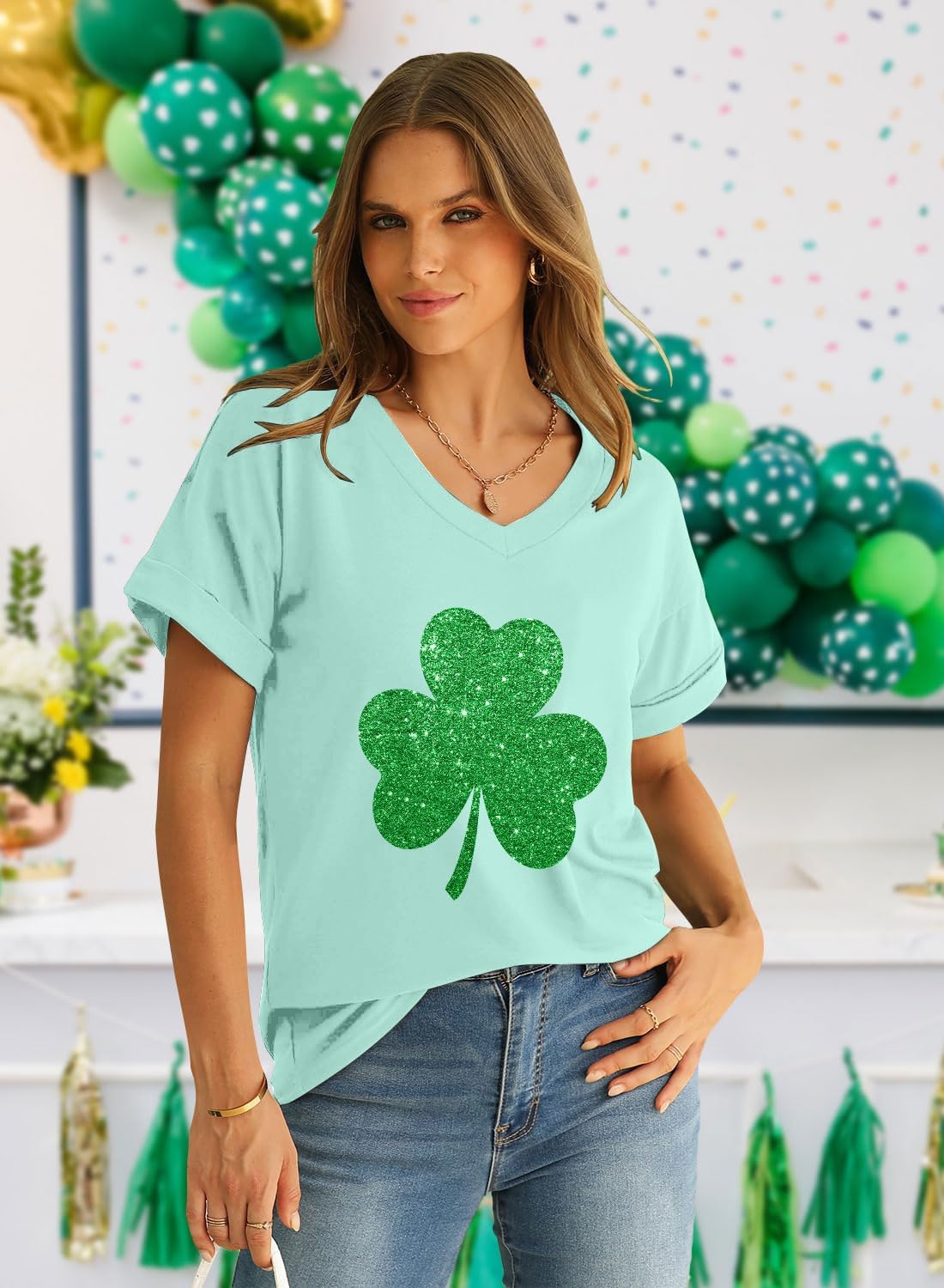 St Patricks Day Shirt for Women Lucky Irish Shamrock Tshirt Saint Patricks Day T-Shirt Green V Neck Tops - Image 5