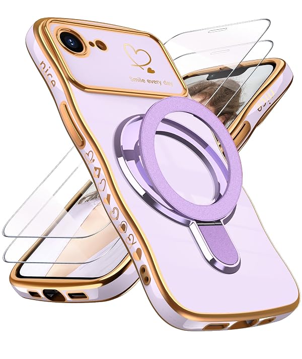 Liufcx for iPhone 17e/16e Case with Screen Protector: Luxury Plated Gold Cute Wavy Edge Love Heart Pattern Kickstand Case, Slim Soft TPU Woman Girls Protection Cover for iPhone 16e/17e (Purple) by Liufcx - Used condition - US$9.73