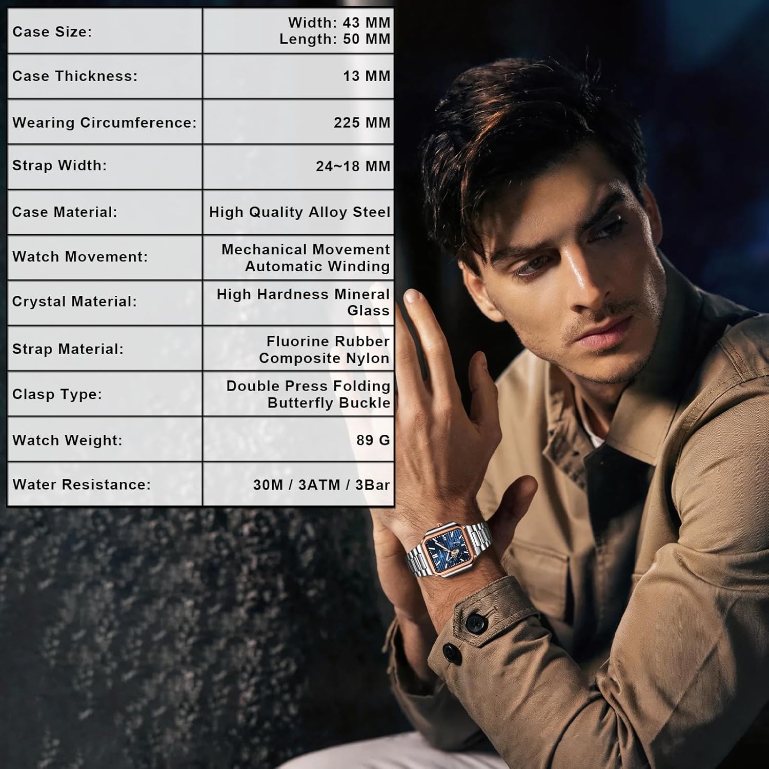 Men's Watch Automatic Square Multi-Function Small Dial, Second Hand Chronograph, 24-Hour Display, Day and Night Display, 30M Waterproof