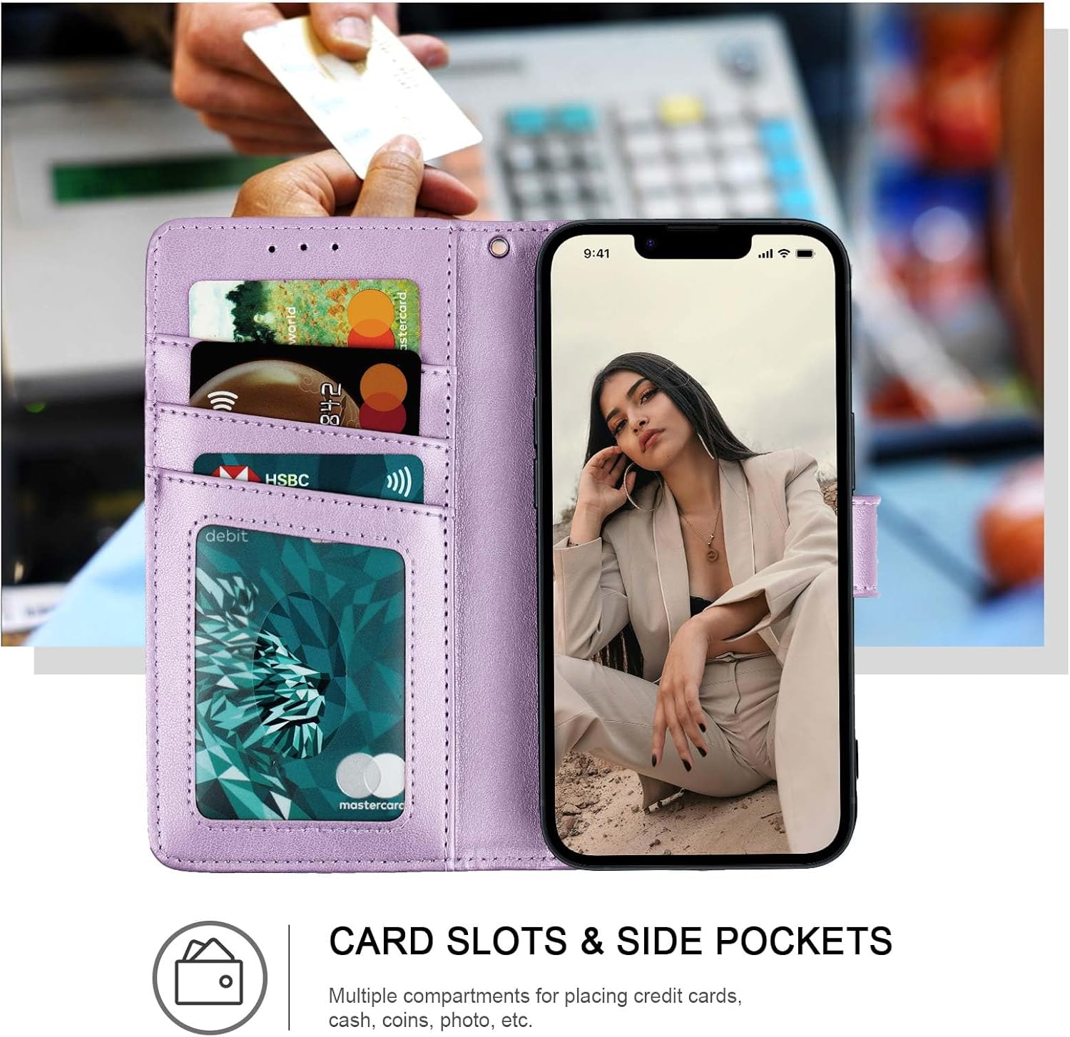 Wallet Case for iPhone 11,[RFID Blocking] 3 Card Holder Stand with Credit Card Slot PU Leather Magnetic Protective Flip Cover for iPhone 11(Light Purple) - Image 2