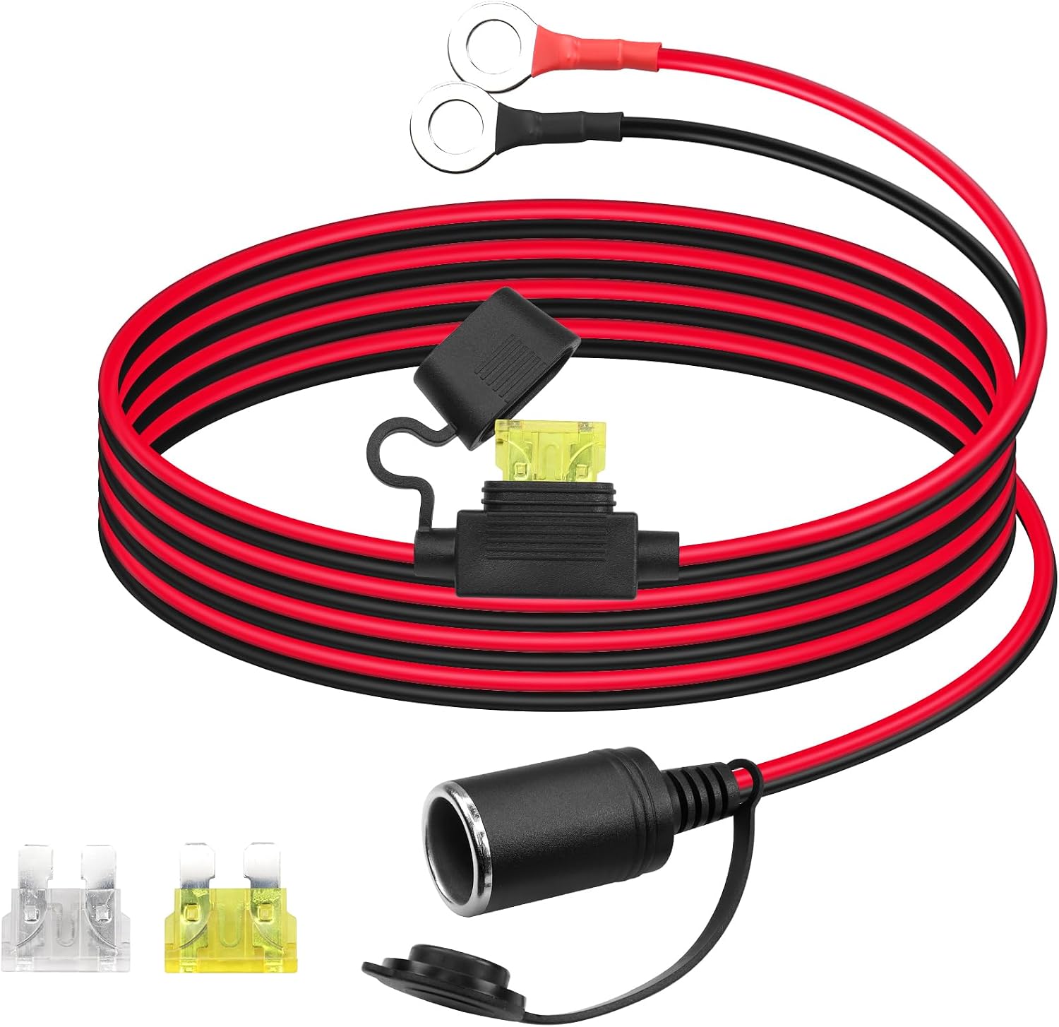 12V Car Cigarette Lighter to O Ring Terminal，14AWG Cigarette Lighter Female Socket to 8mm (0.3inch) Terminal Ring Harness, with 20A Fuse（2M/6FT）