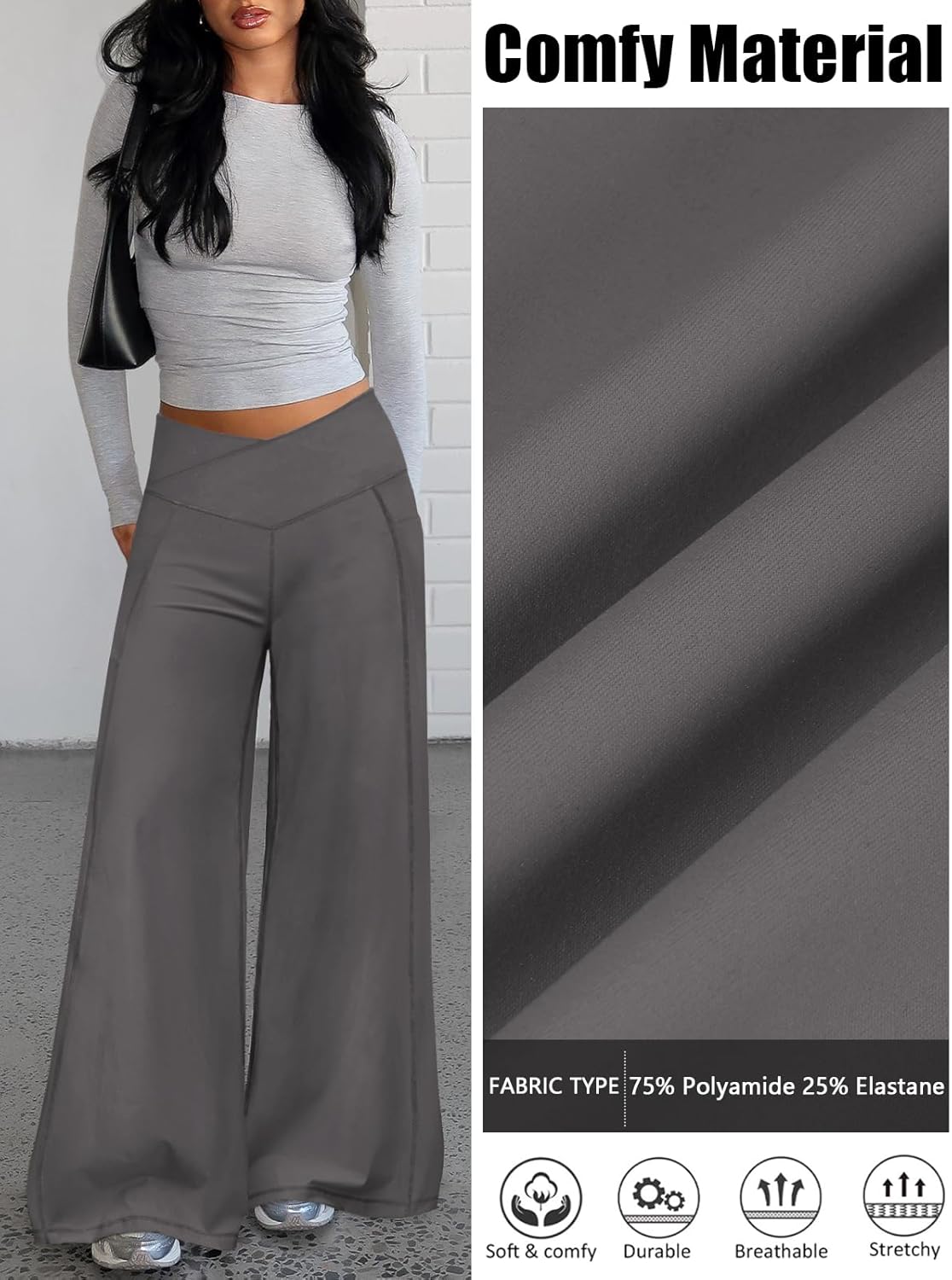 Womens Wide Leg Flare Leggings with Pockets Workout Yoga Pants for Women V Cross High Waisted Lounge Flare Pants - Image 5