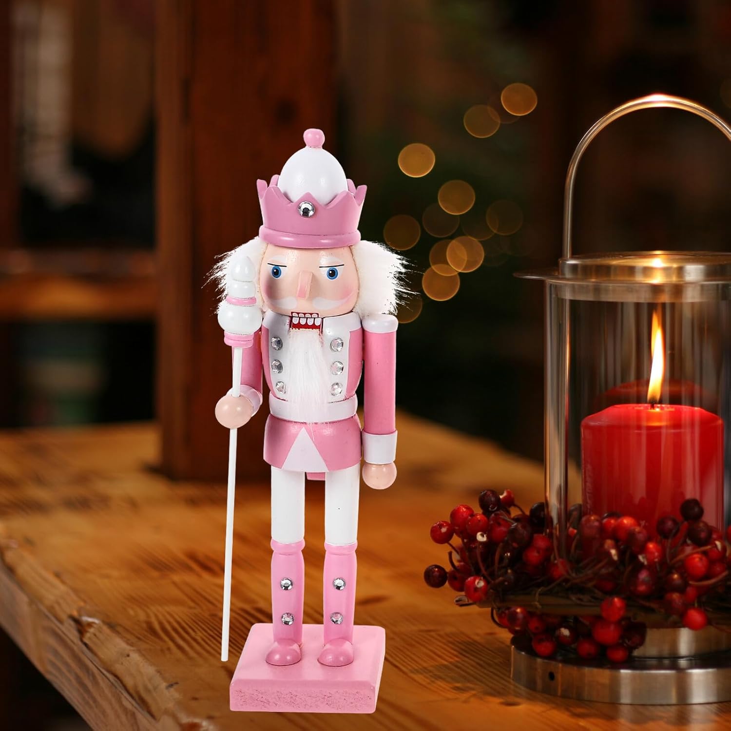 4pcs Pink Wooden Nutcracker Decoration Set, 24cm Christmas Traditional Nutcracker Figurines for Tabletop and ’
