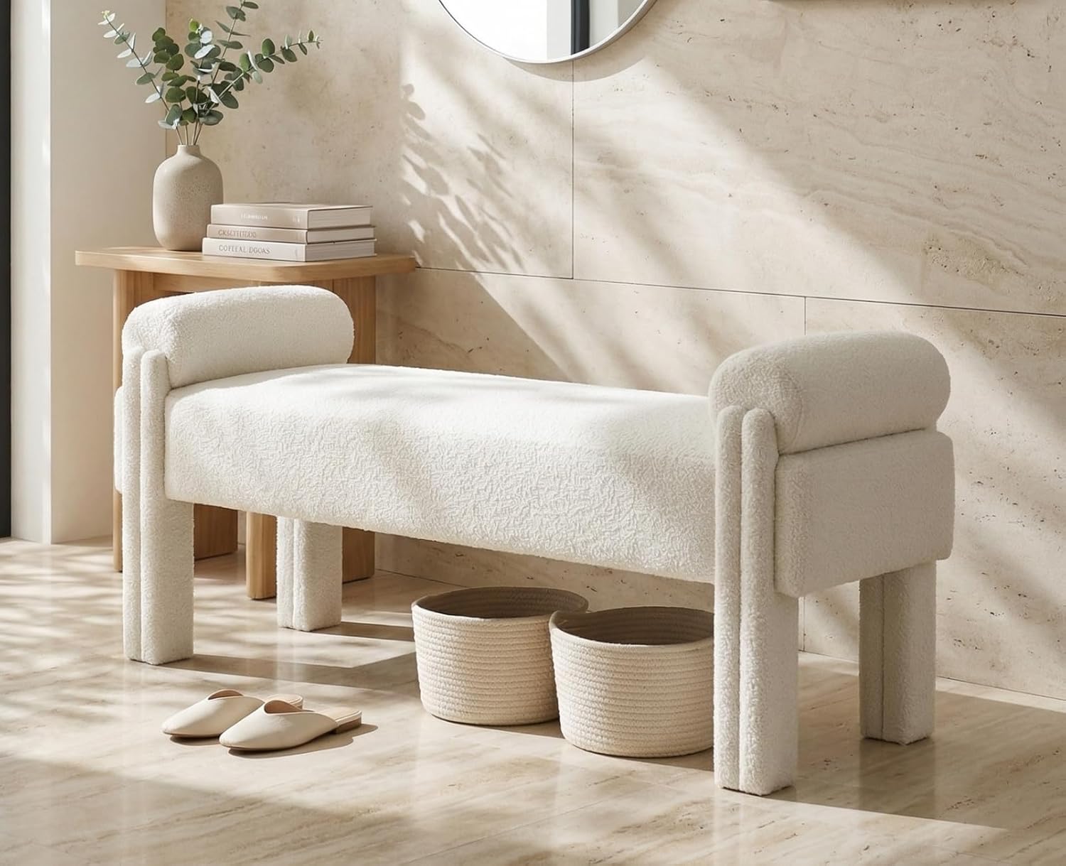 White Boucle End of Bed Bench 53 Inch Long Ottoman Sherpa Padded Upholstered Modern Bench for Bedroom/Living Room/Foyer/Entryway