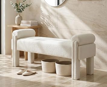 ROCITY White Sherpa Upholstered Bench, 53 Inch End of Bed Bench