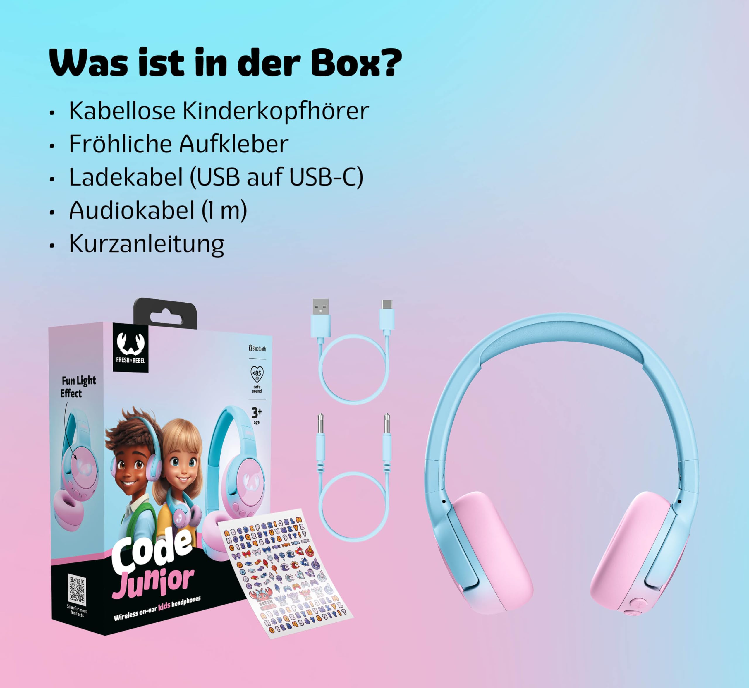 Fresh 'n Rebel Code Junior, kabellose Bluetooth-Kopfhörer für Kinder, sicherer Klang (<85dB), inklusive Audiokabel und Aufkleber, Buddy Beats, LED-Lichteffekte. 48 Std. Spielzeit (Cool Candy)