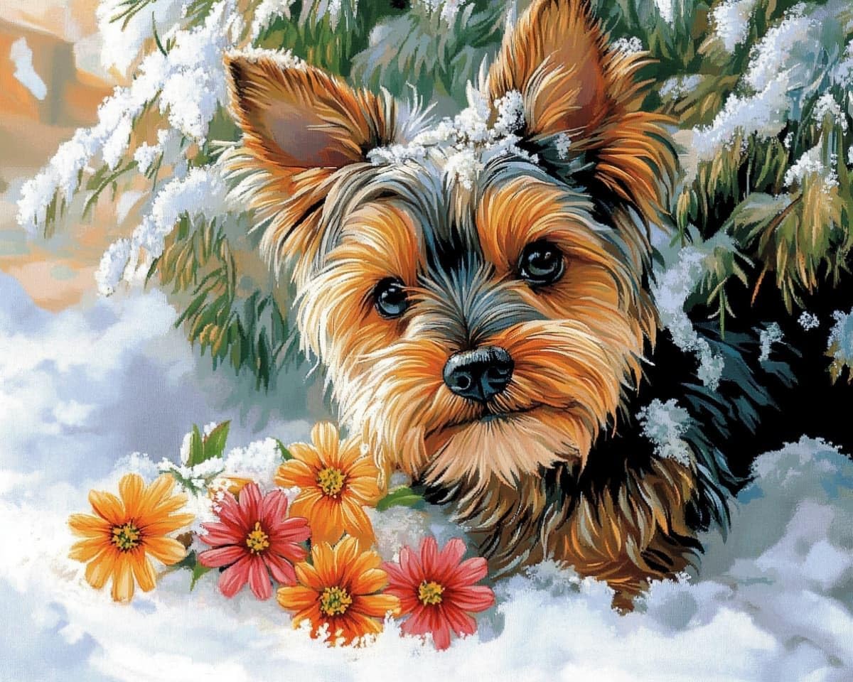 AxiangziK Cross Stitch Kits for Adults 12x16in,Yorkshire Terrier in the Snow Stamped Cross Stitching Ornament Kits for Beginners,Counted Embroidery Needlepoint Home Decor Gift