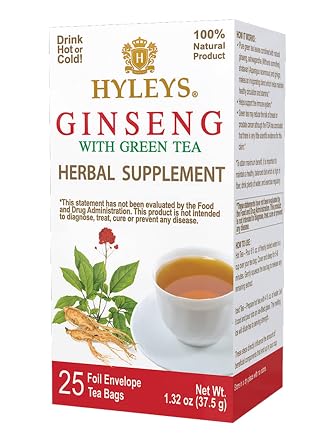 Hyleys Ginseng & Green Tea with Natural Guarana & Orange Flavor - Herbal Energy Tea - 25 Tea Bags