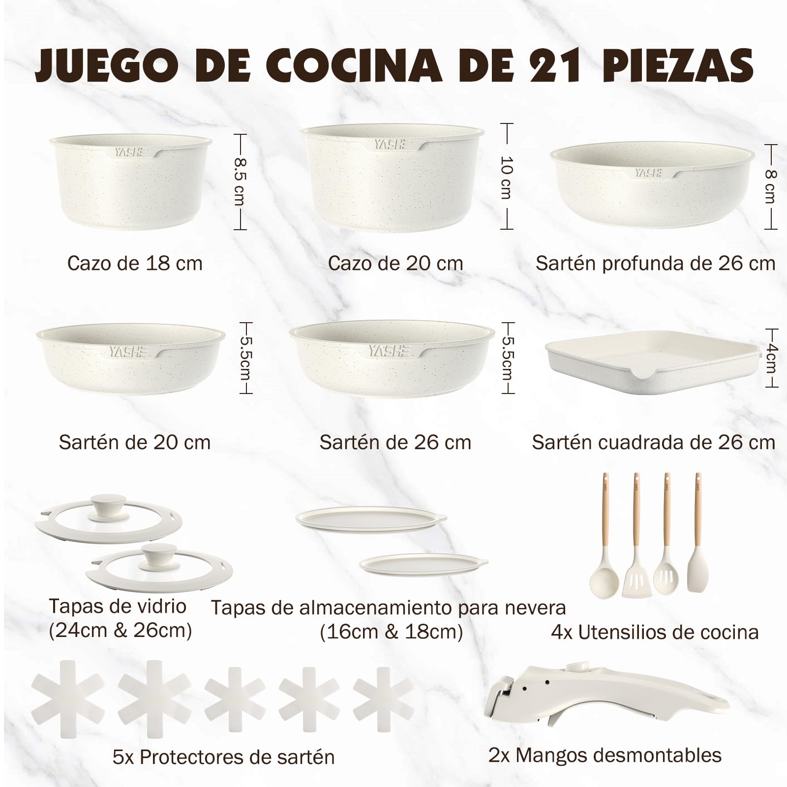 YASHE Batería de Cocina 21 Piezas, Antiadherente, con Mangos Desmontables y Tapas de Vidrio, Compatible con Inducción, Horno y Lavavajillas, Apilable, Blanca | Dos mangos extraíbles y sartén grill cuadrada; cuerpos aptos para horno, apilables y compatible