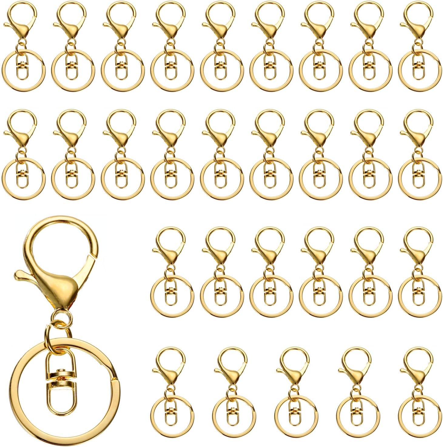 uxcell Lobster Claw Clasps Keychain, 30 Pcs Lobster Claw Clasp Hook with Swivel Trigger Clip and Flat Split Keychain Ring for DIY Craft Key Chain Accessories, Gold