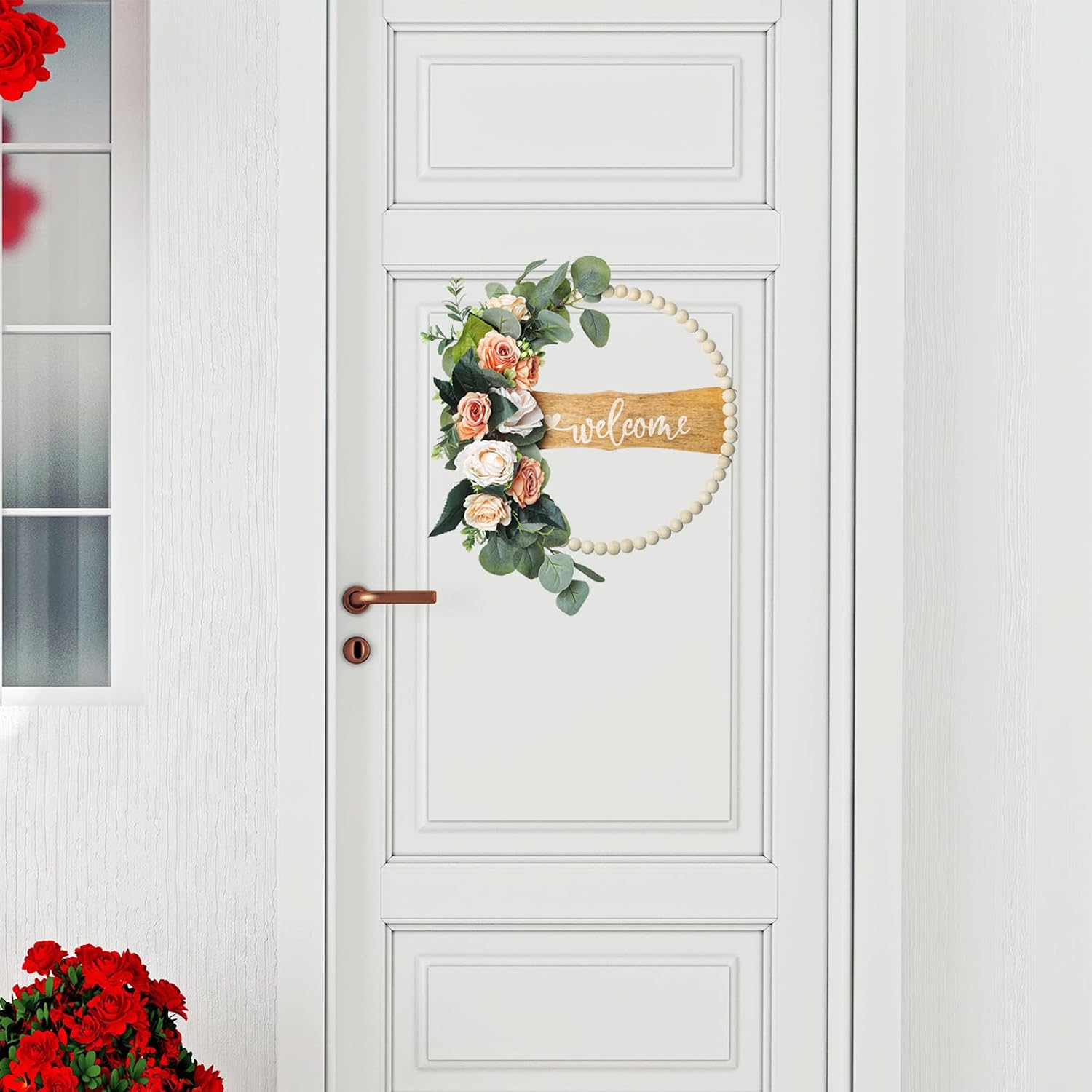 16 Inch Peony Floral Spring Summer Welcome Sign Wreath for Front Door with Eucalyptus Leaves Indoor and Outdoor Artificial Wall Plants