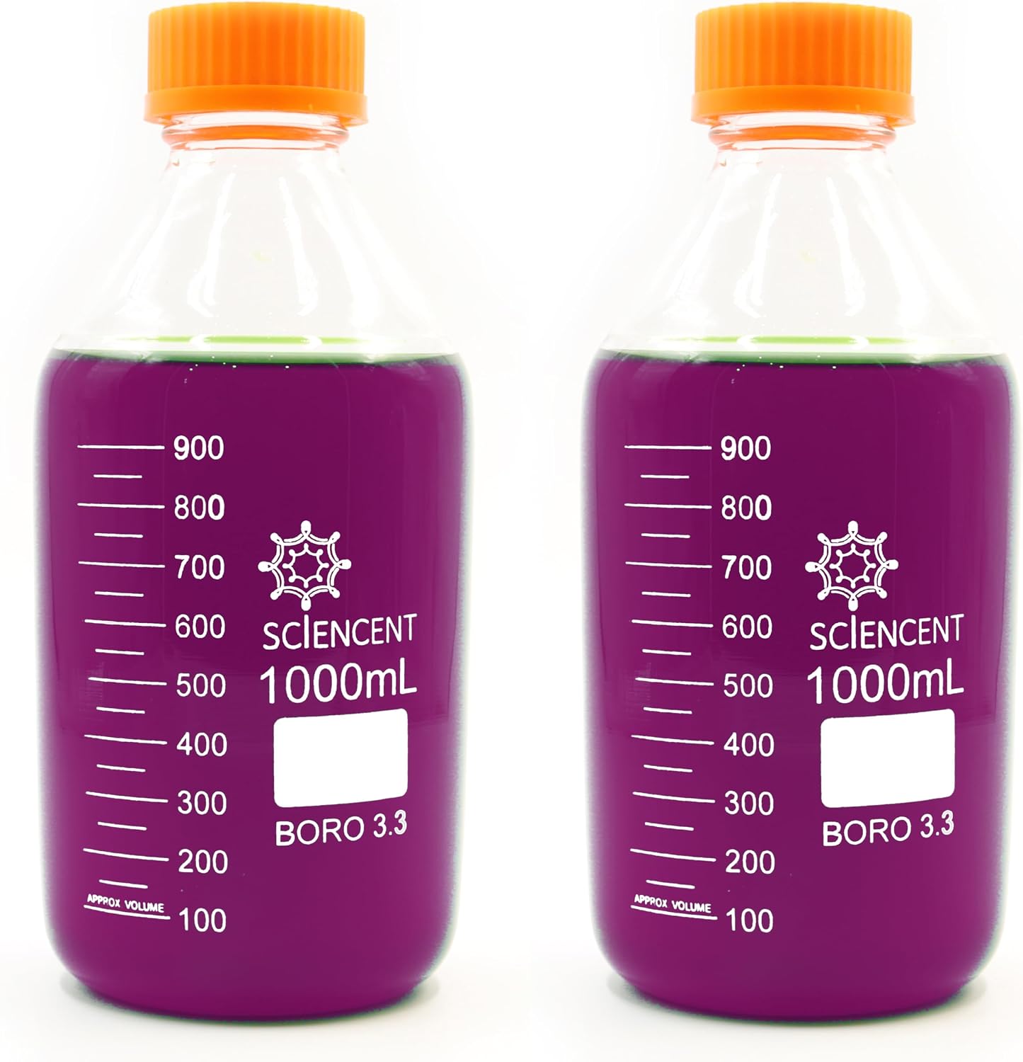 (Pack of 2) 1000ml Leak Proof Glass Round Media Storage Bottle Super Thick Graduated with GL45 Screw Cap Durable 1 liter glass bottle