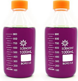 (Pack of 2) 1000ml Leak Proof Glass Round Media Storage Bottle Super Thick Graduated with GL45 Screw Cap Durable 1 liter glass bottle