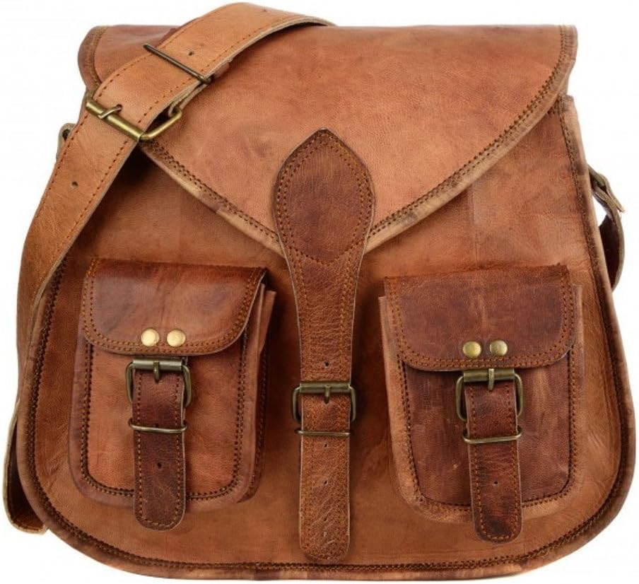 ANUENT13-Inch Genuine Leather Crossbody Purses for Women Vintage Leather Satchel Messenger Bag Brown Saddle Leather Handbag