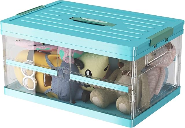Apsan Collapsible Storage Bins with Lids, Stackable Clear Latch Storage Box with Handle, Folding Plastic Containers, 22Qt, Blue