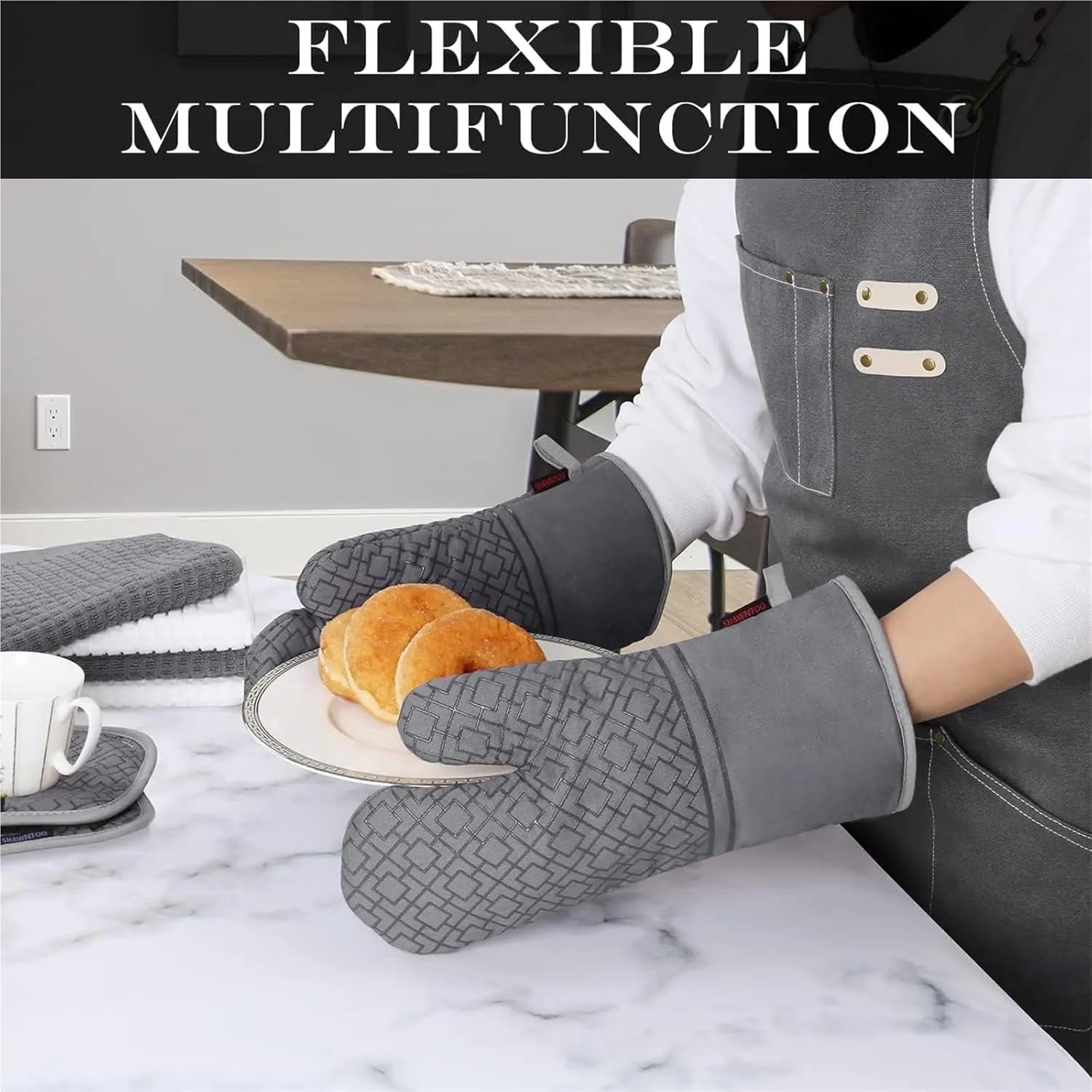 6-Piece High Heat Oven Mitts and Pot Holders Set with Non-Slip Silicone Surface in Gray