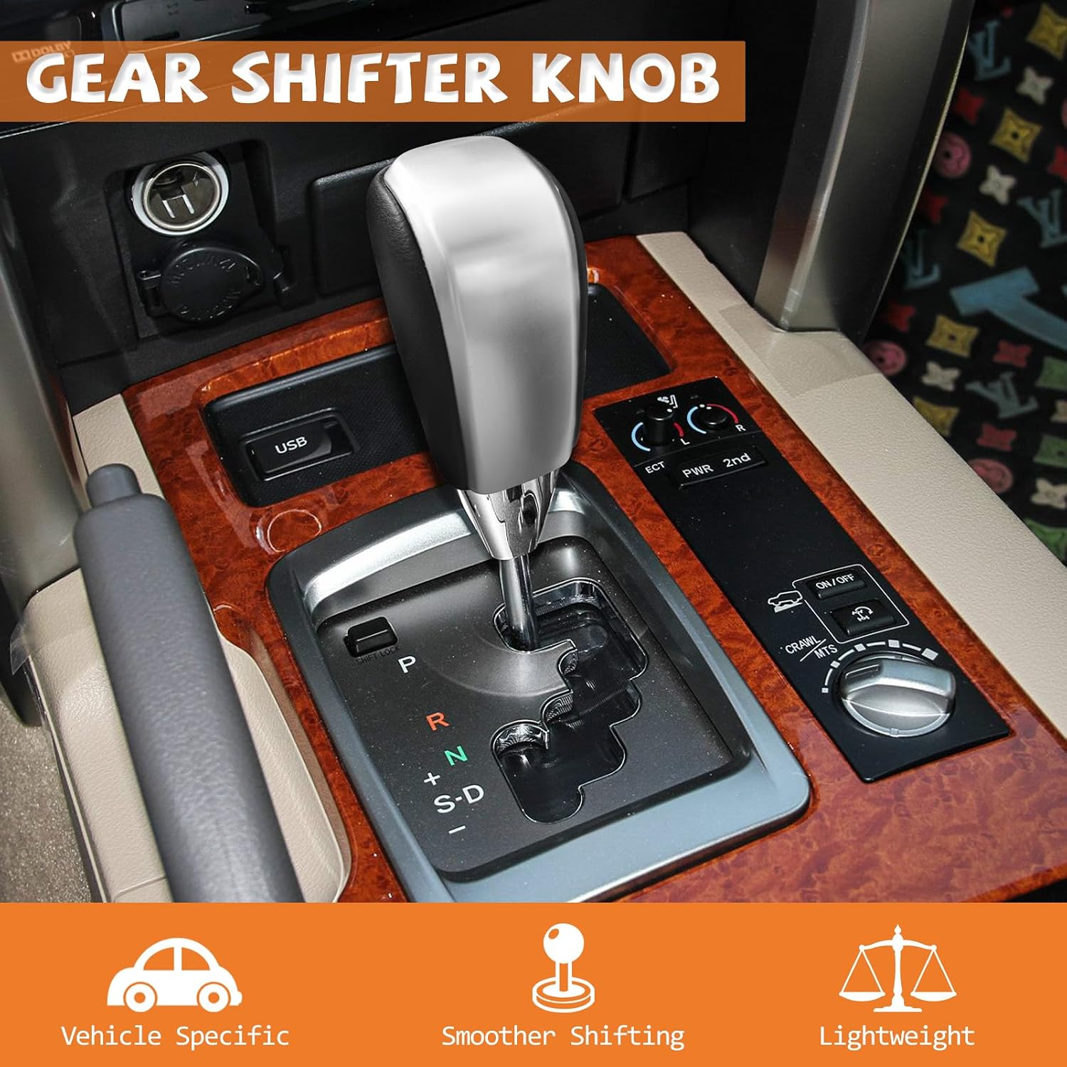 Black Leather Silver Gear Shift Knob Shifter Compatible with Toyota Land Cruiser 4Runner Sequoia Tundra Tacoma Highlander RAV4 Lexus RX330 RX350 RX400h LX470 LS400 LS430