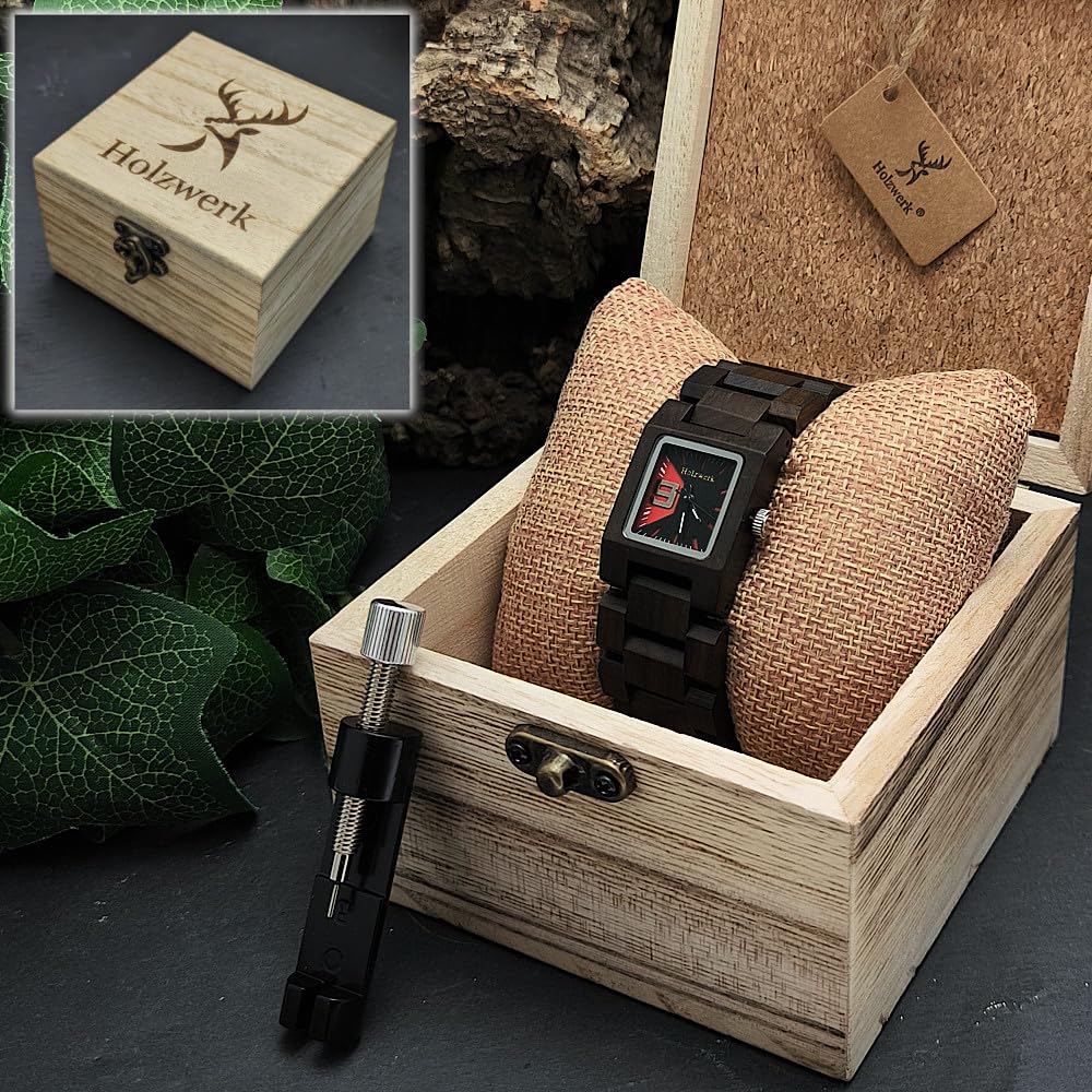 Ręcznie wykonany Holzwerk Germany® designerski zegarek damski ekologiczny naturalny drewniany zegarek brązowy czarny czerwony zegarek na rękę analogowy klasyczny zegarek kwarcowy