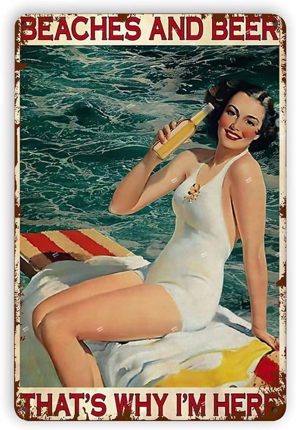 Vintage Tin Sign Metal Plaque Beaches and Beer That's Why I'm Here Metal Signs for Kitchen Home Office Bar Cafe Decor 8x12 Inch