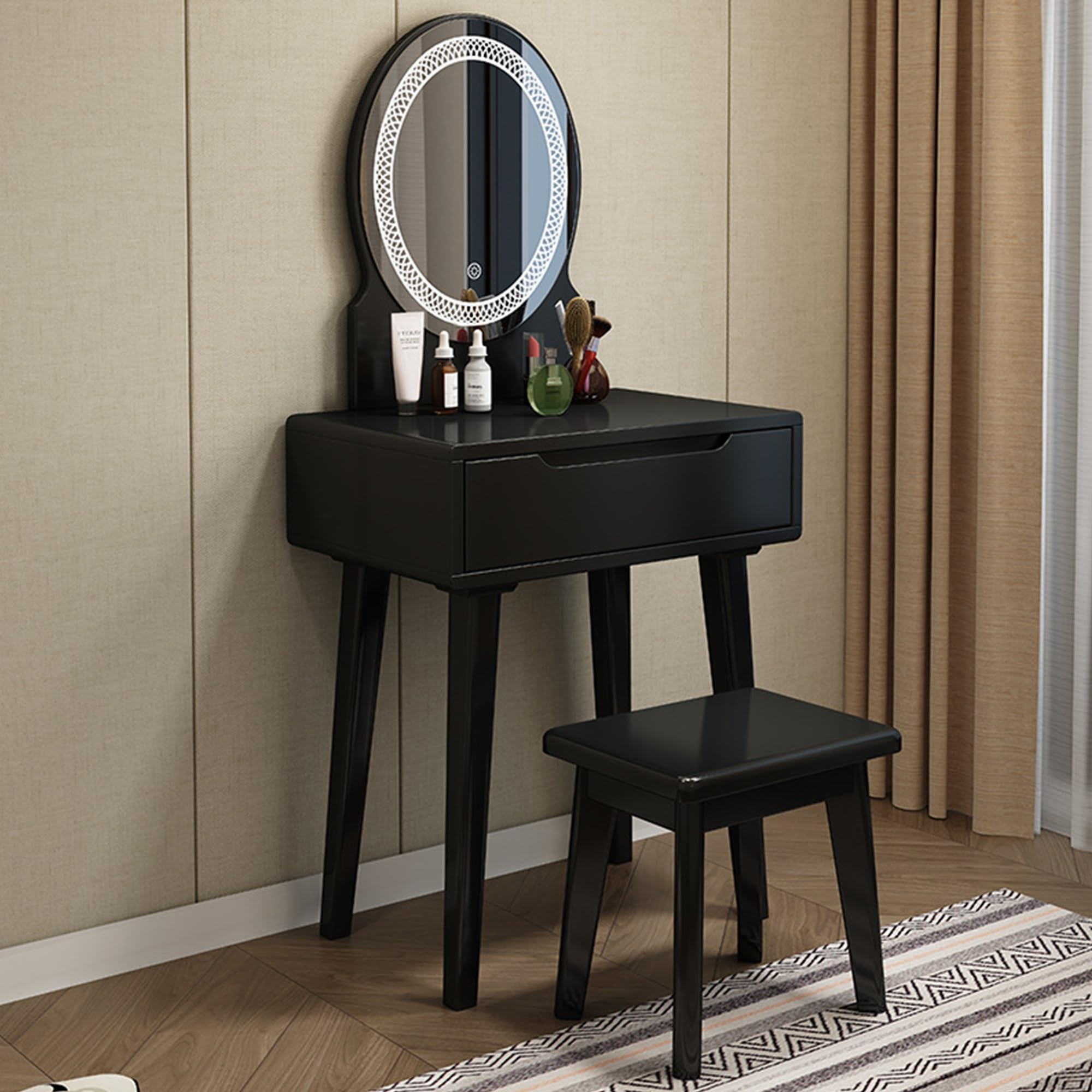 OFCASA Kaptafel met Hollywood-spiegel en verlichting, 2 laden, met kruk, make-uptafel voor meisjesslaapkamer, hout, zwart, 80 x 40 x 140 cm