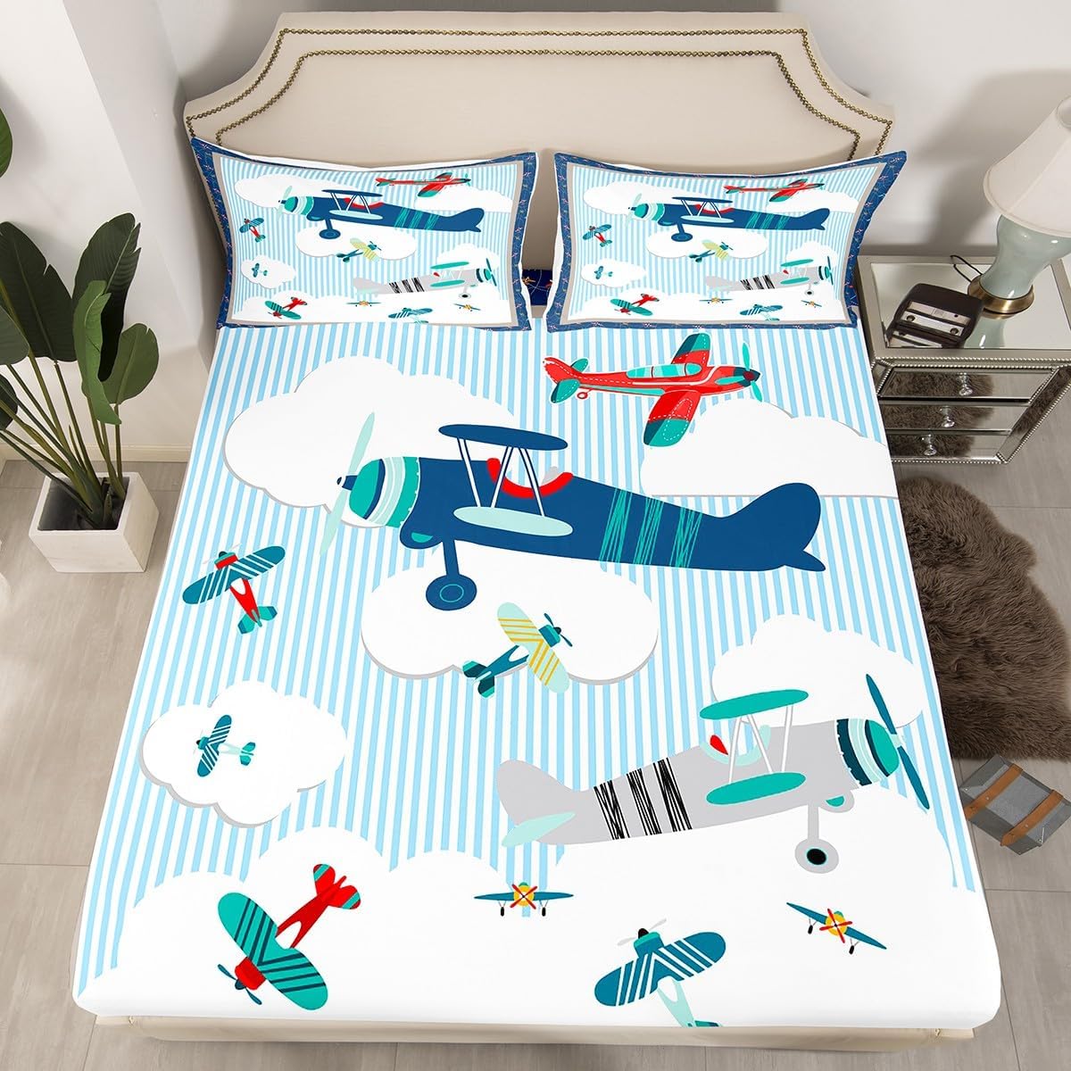 Kids Airplane Fitted Sheet,Full Size Blue Sky and White Clouds Collections Aviation Aircraft Theme,Soft Decorative Fabric Bedding Deep Pocket for Children Teens Young Boys Girls,with 2 Pillowcases