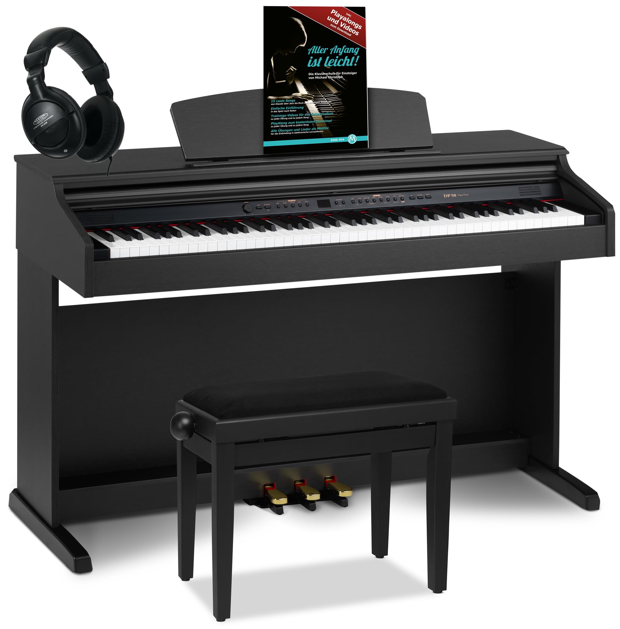 Classic Cantabile DP-50 SM Pianoforte digitale - 88 Tasti con tastiera pesata hammer action - Pianola musicale con USB, 32 polifonia, 3 pedali - Piano digitale Set con Panchetta e Cuffi - Nero Opaco