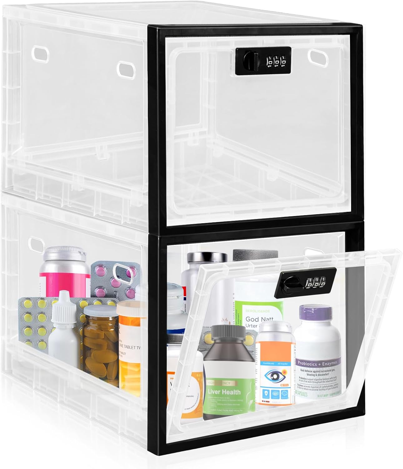 Gemaxvoled 2 Pack Medicine Lock Box, Large Capacity Premium Material Lockable Storage Bin Organizer Box with Combination Code for Safe Medication/Fridge Food/Snacks/Phone/Tablet Jail