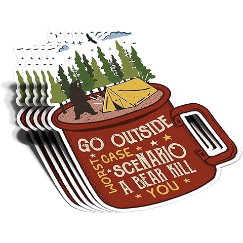 (5Pcs) Go Outside Worst Case Scenario A Bear Kill You Sticker Camping Adventure Outdoor Decal Waterproof Vinyl Stickers Adult for Laptop Car Tumbler Water Bottle Mug Phone Bike - Size 3”x2.2”