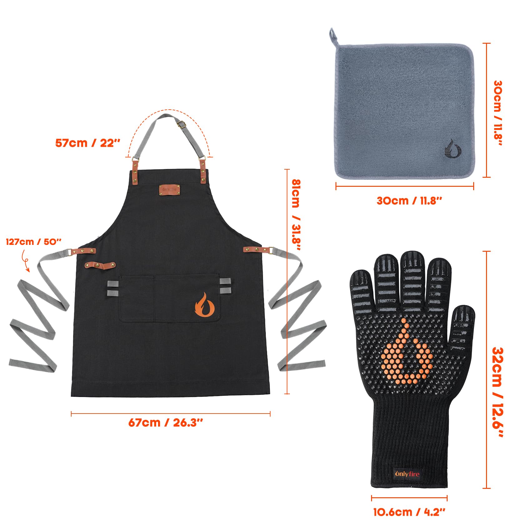 onlyfire 4 Pcs Kit Tablier de Barbecue, Comprenant 1 Tablier de Cuisine Homme Femme, 1 Paire de Gants Barbecue et 1 Chiffon de Nettoyage, Cadeau pour Amateurs de BBQ, Pères ou Amis