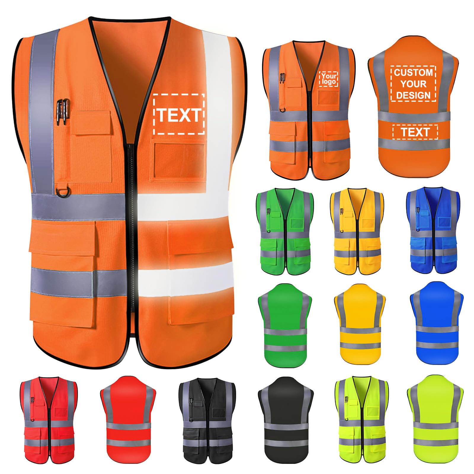 Custom Safety Vest for Men with Logo High Visibility Security Workwear 5 Pockets Zipper Vests with Reflective Strip (Orange, XL)