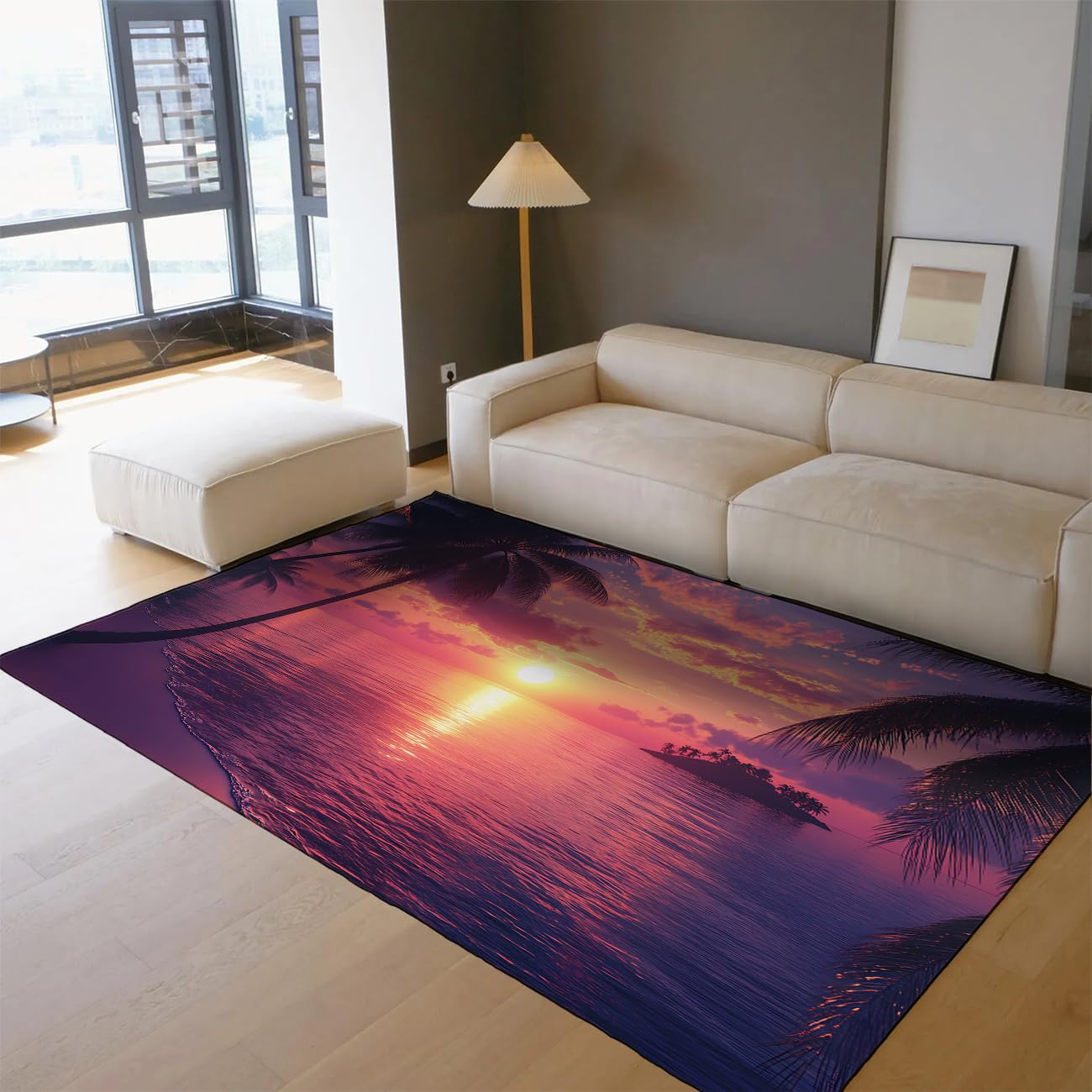 Tapis de salon lavable anti-tache 80x120cm motif vagues rose et violet