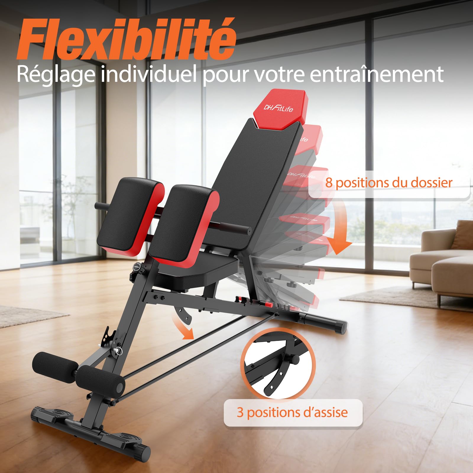 DH FitLife 2026 Premium Banc de musculation 6-en-1 réglable 350 kg avec hyperextension | Banc incliné pour développé couché | Multifonction maison/home gym
