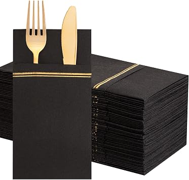 Nervure 100PCS Black Paper Napkins with Built-in Flatware Pocket - Black and Gold Prefolded Cloth Like Disposable Napkins - Heavy-duty Linen-Feel Dinner Napkins for Party & Halloween & Fathers Day