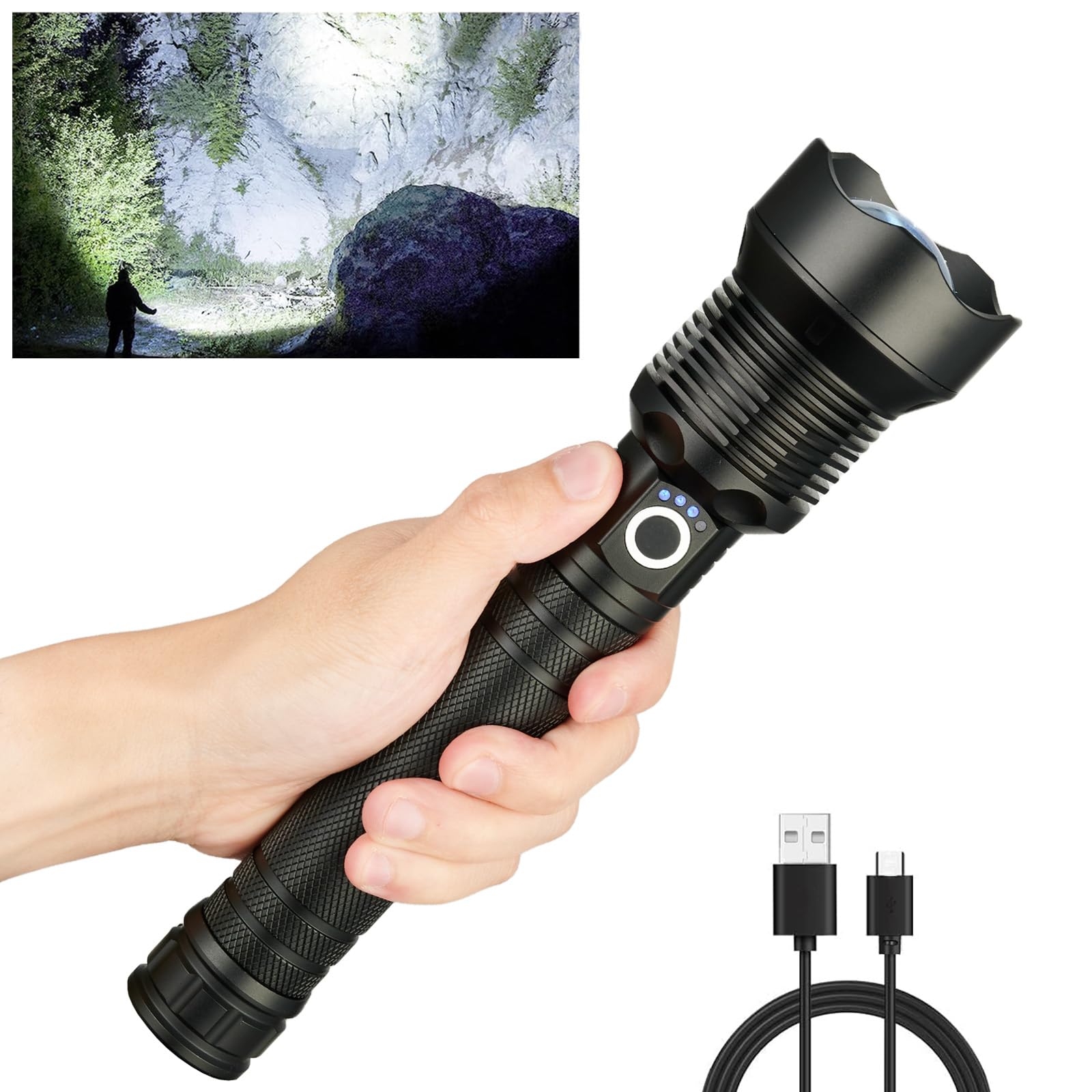 Zabplox 5000 Lumens Rechargeable LED Flashlight - Super Bright Waterproof Handheld Torch, 3 Modes (High/Medium/Strobe) for Camping, Hiking, Emergencies - Long-Lasting Battery & Portable Outdoor Gear