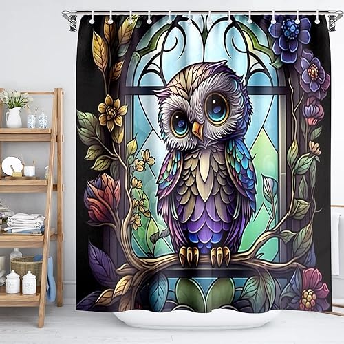 Miniatura 2 de Cortina de ducha divertida con diseño de búho para baño, vidrio manchado, set de accesorios de baño con hongos, decoración de primavera, acuarela,