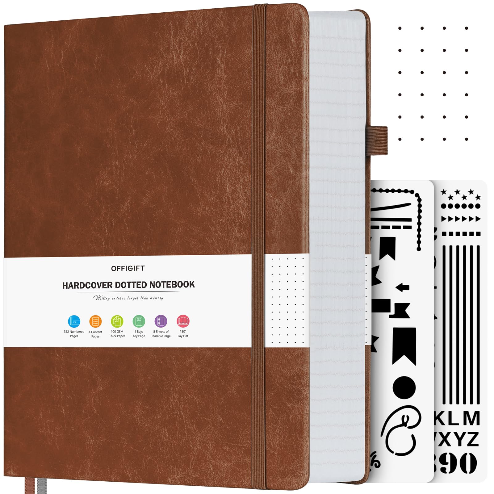 OFFIGIFT Bullet Dotted Journal, großes A4-Hardcover-Leder-Tagebuch, 312 nummerierte Seiten, dickes Tagebuch, 100 g/m², kein Ausbluten, Punktraster, Notizbuch für Damen und Herren, 21,6 x 27,9 cm,