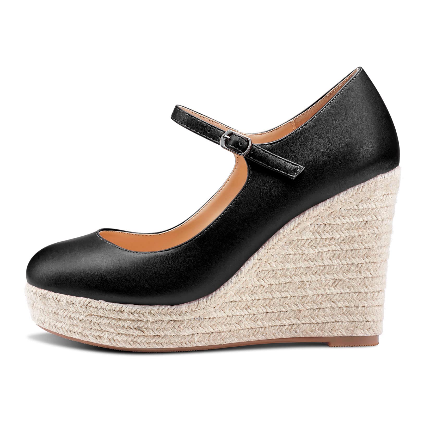 Aachcol Mujer cuña Esparto Plataforma Pumps Redonda Punta Mary Jane Correa Tobillo Chunky Ancho Alto High Heel Dress Zapatos Pumps de Boda Matte 10 CM