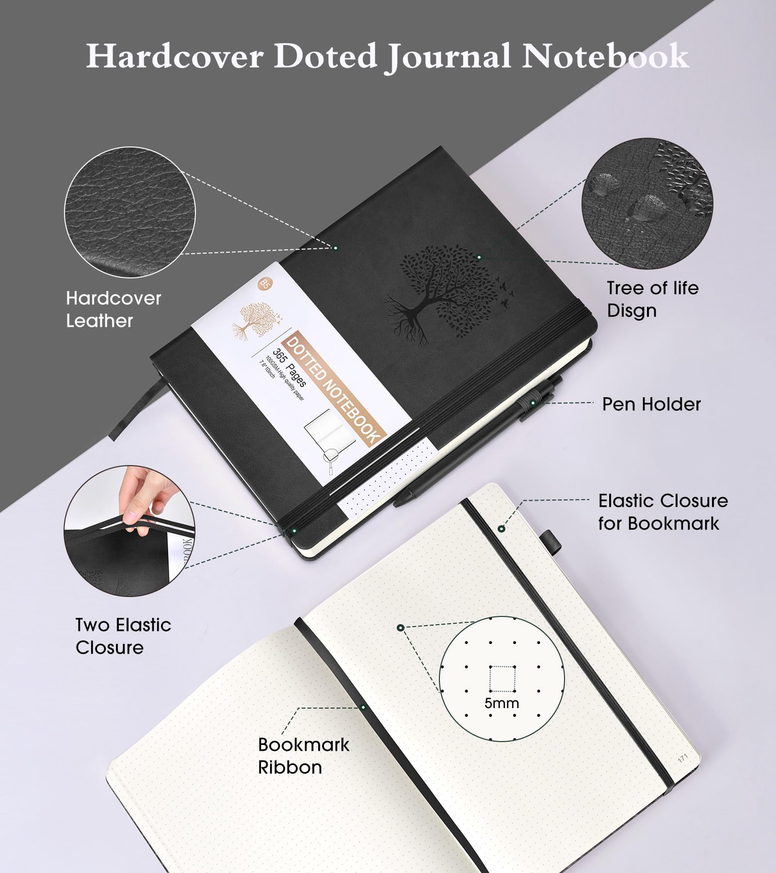 Gepunktetes Tagebuch, 360 nummerierte Seiten, Bullet Dot Grid, Tagebuch, 100 g/m², Punktraster, dickes Hardcover, Leder-Tagebuch zum Schreiben für Damen und Herren, B5, gepunktetes Raster, Notizbücher