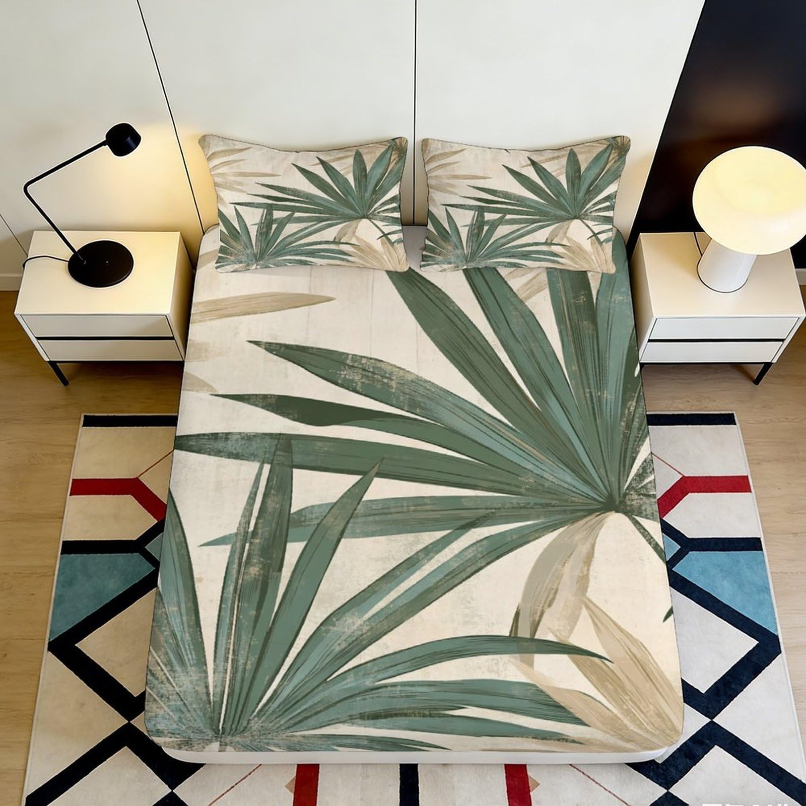 3D Printed Tropical Palm Leaf Fitted Sheet Microfiber Soft Breathable Botanical Mattress Cover for Bedroom Guest Room Decor 90x200x25cm