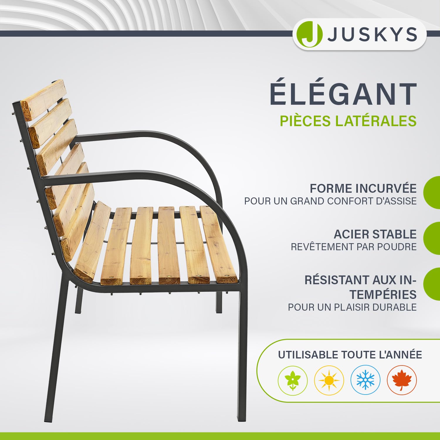 Juskys Banc de Jardin Modena en Bois 2 Places avec accoudoirs et Dossier - Banc résistant aux intempéries - Banc avec éléments latéraux en Acier- Naturel, 62x120x82cm