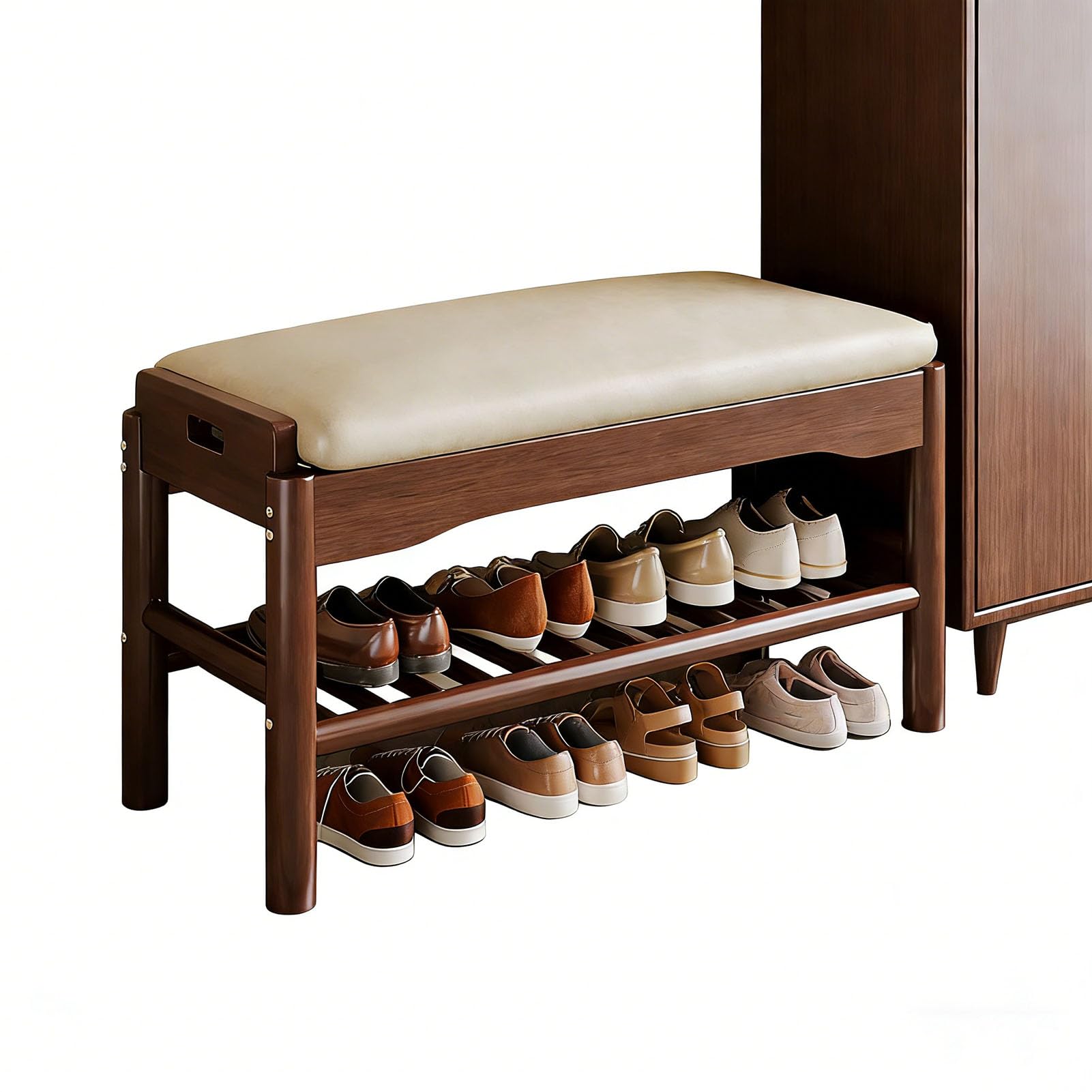 WJFTODAY Modern Solid Wood Shoe Bench Compact Walnut Entryway Seating & Shoe Rack Stylish Narrow Shoe Changing Stool for Bedroom or Hallway 80cm