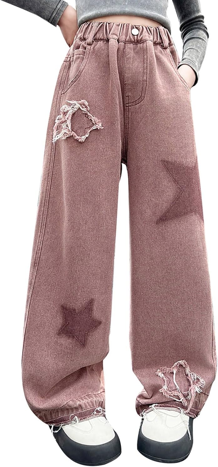 AOWKULAE Girls Jeans Elastic Waist Wide Leg Pants Kids Jeans 4-14 Years