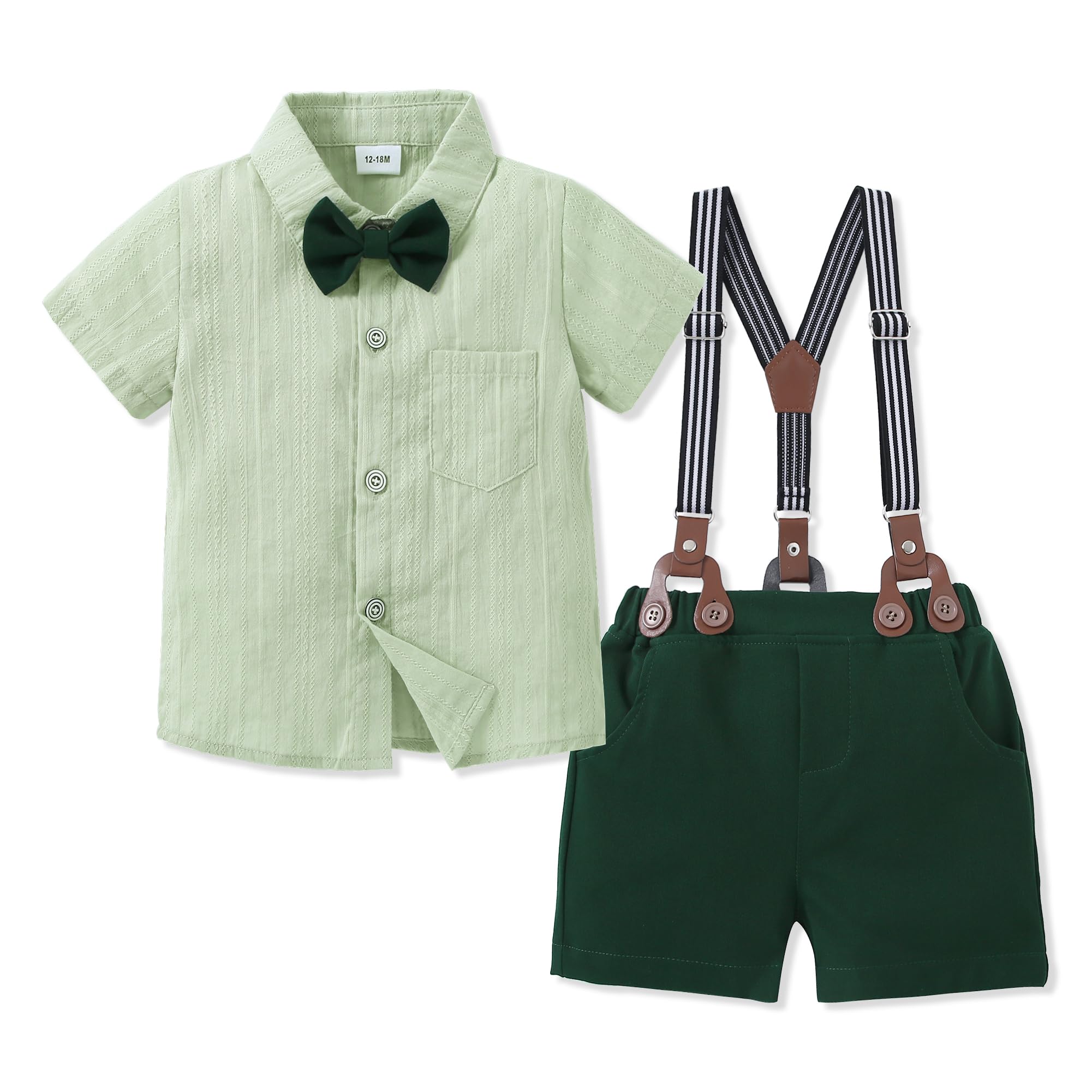 SOLOYEE Toddler Baby Boy Outfits 1-6T Boys Dress Clothes Suit Cotton Linen Short Sleeve Shirts+Bowtie+Suspender Shorts Set
